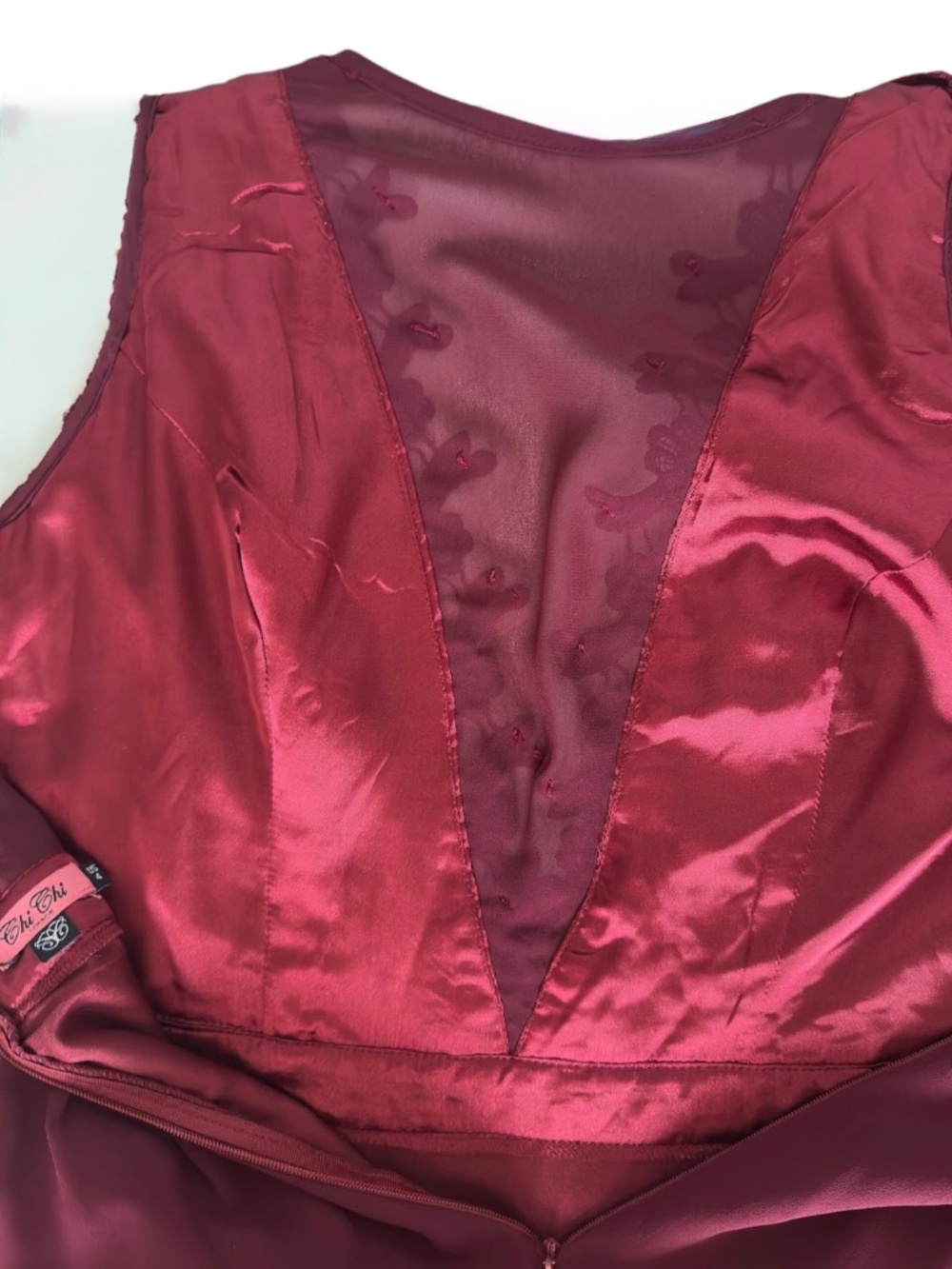 Chi Chi London - Tiffy - Plunge Illusion Lace Chiffon Gown - Burgundy - Size 4 - Picture 11 of 12